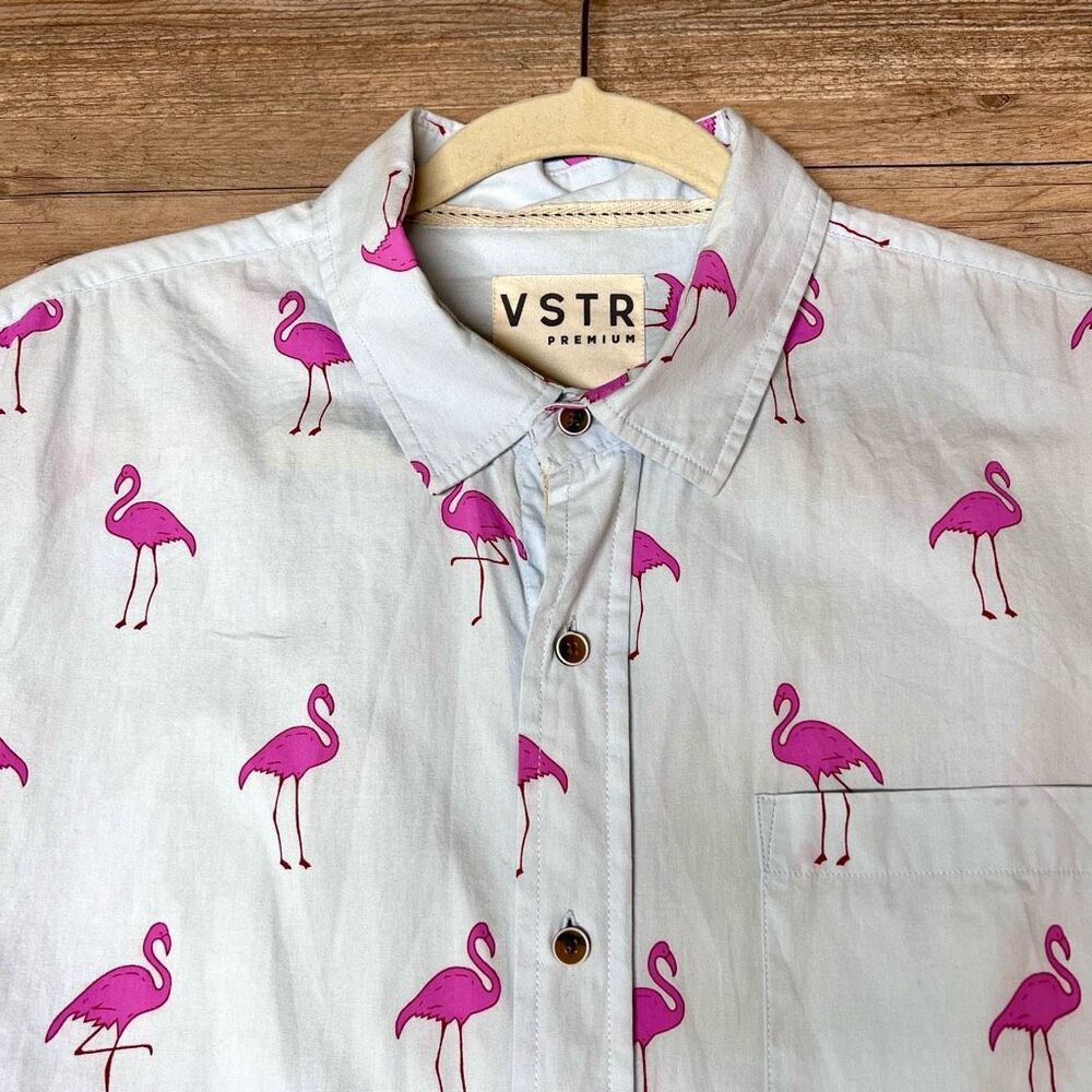 VSTR Premium Mens Blue Pink‎ Flamingos Short Sleeve Button Up Shirt Size Medium